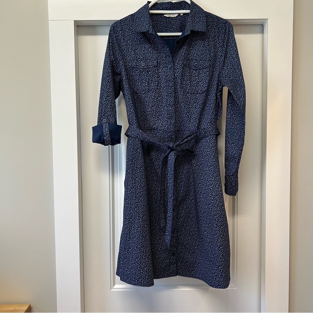Dockers Nautical Navy Anchor Print Shirt Dress Size L Preppy Coastal Roll Tab